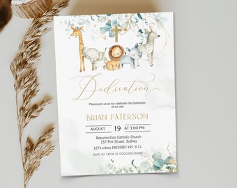 Könnte beinhalten: Eine Aquarell-Illustration von Tieren, darunter eine Giraffe, ein Elefant, ein Löwe, ein Nashorn und ein Zebra, mit einem Kreuz und Grün. Der Text "Dedication" ist in goldener Schrift geschrieben. Der Text darunter lautet "Please join us as we celebrate the Dedication of our son Brian Paterson August 19 at 3:00 PM Resurrection Catholic Church 157 Pitt Street, Sydney 1073 sidney ERZSÉBET KRT. 9-11. RSVP to OUMA at 000.000.0000"