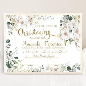 Greenery christening certificate template, certificate of baptism, editable christening certificate, printable green gold certificate, P329