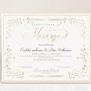 Certificate of marriage template, editable wedding certificate, gold marriage ceremony certificate,  elegant marriage keepsake certificate