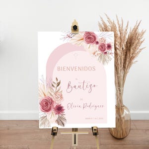 Pink floral spanish baptism welcome sign, bautizo welcome sign template, religious welcome sign, first communion, bienvenido al bautizo P285