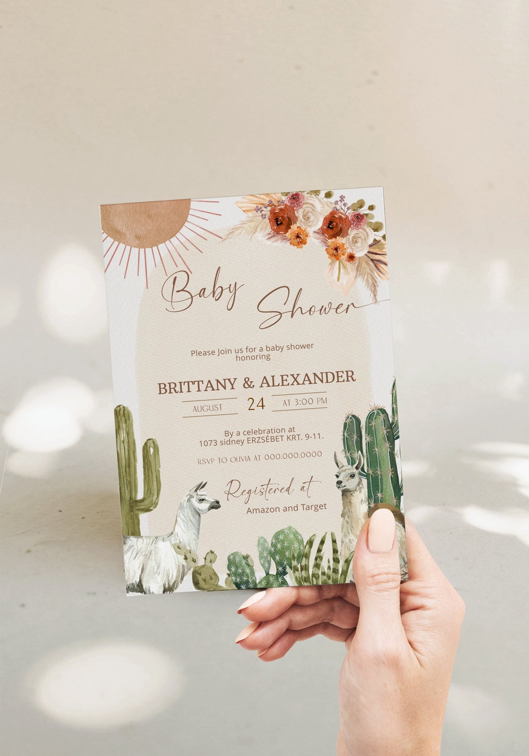 Boho Llama Baby Shower Invitation, Cactus Llama Baby Shower Invite ...