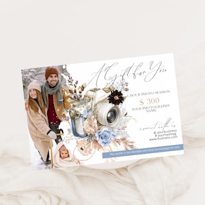 Photographer gift certificate template, photo session coupon, gift certificate for photographer, editable gift voucher, printable gift card,