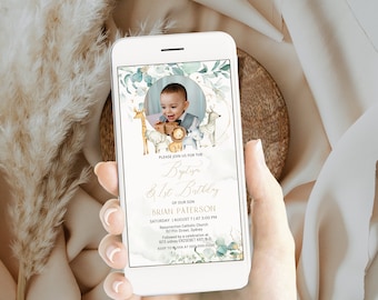 Electronic baptism & 1st birthday invitation, first birthday christening evite template, smart phone wild one invitation animals baptism P44