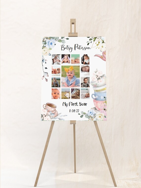 Editable 12 month photo poster, tea cups party templates, my first year sign, girl baby first tea party, 1st birthday photo collage BP045 Il_570xn