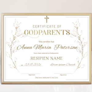Godparents baptism certificate, editable gold baptism certificate template, printable godparents certificate, christening certificate, P217