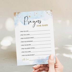 Editable blue gold advice prayer card, blue gold well wishes for baby, prayers boy baby shower, prayers for baby card template baptism B2b