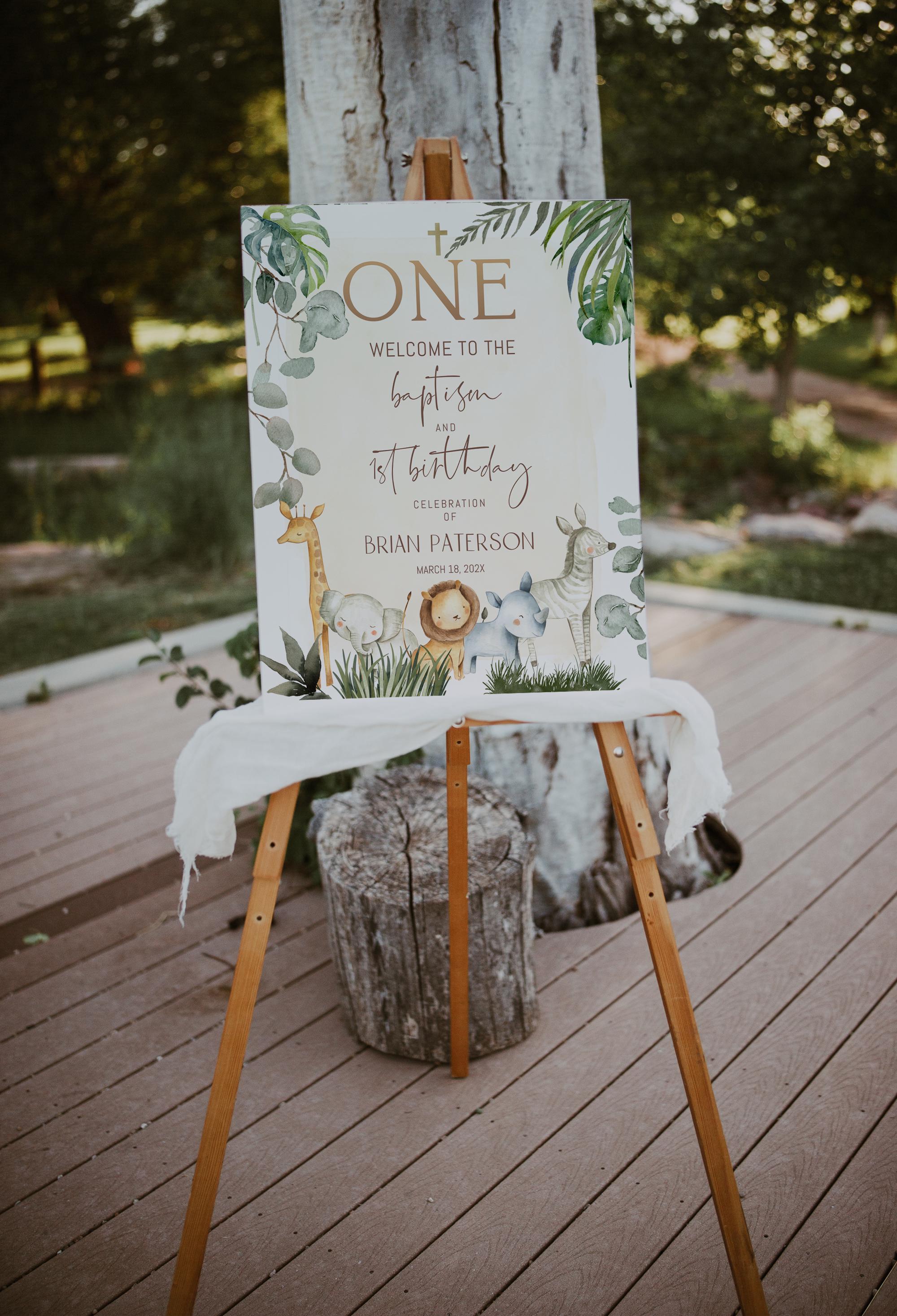 Safari animal baptism and 1st birthday welcome sign, eucalyptus wild one & christening, greenery 1st birthday welcome poster template, P307