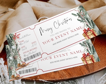 Könnte beinhalten: Zwei Weihnachtskarten mit weißem Hintergrund und roten Rändern. Die Karten zeigen festliche Aquarellillustrationen von Kiefernzweigen, Beeren und verpackten Geschenken. Der Text enthält "Merry Christmas" und Platz für Veranstaltungsdetails.