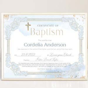 Editable blue gold baptism certificate template, christening certificate, reusable baptism certificate, blue watercolor baptism ideas P140
