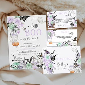 A little boo is almost due baby shower invitation set template, purple floral shower invite set, editable halloween baby shower invite, P159