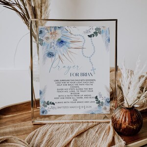 Blue boho floral baptism prayer sign template, editable christening prayer sign, personalized prayer custom sign, printable baptism gift P65