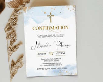 Boy confirmation invitation templat, blue gold baptism invite, christening invitation boy, religious invite, boy baptism invitation B2b