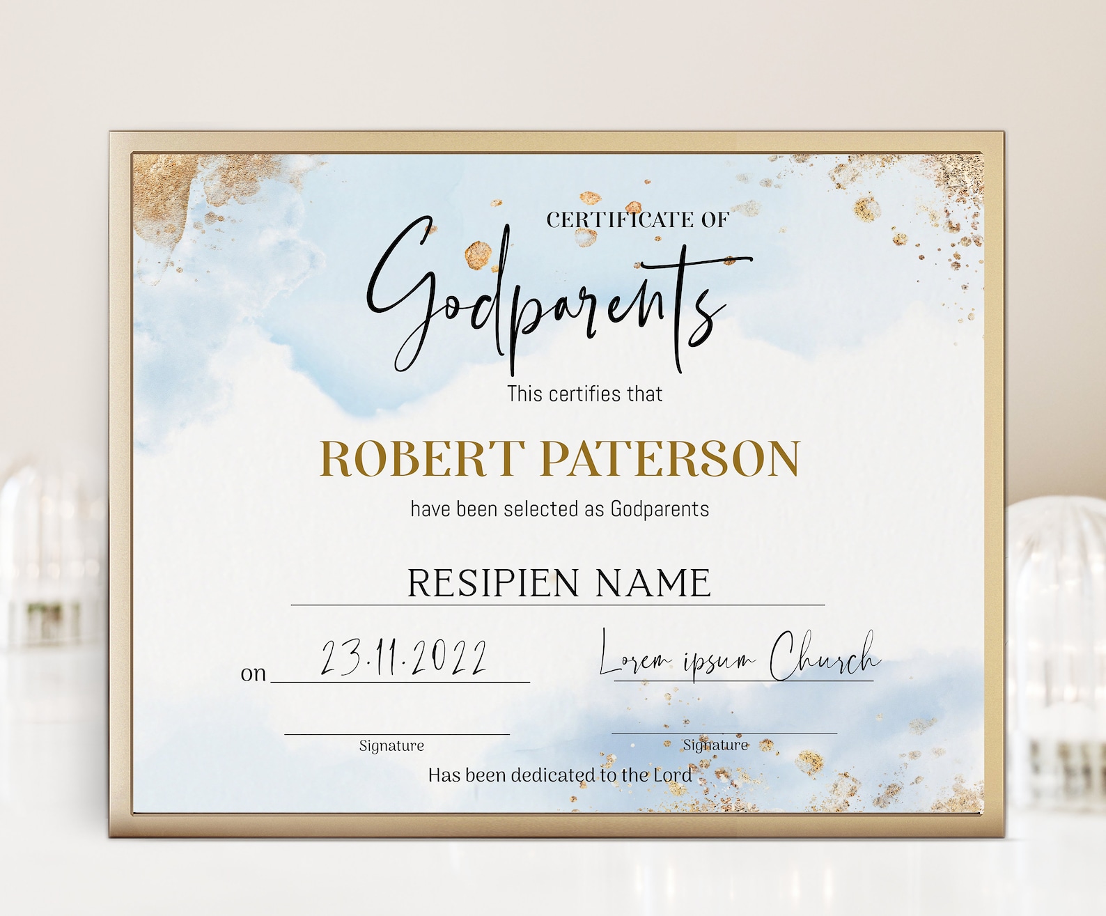 Godparents Baptism Certificate Editable Blue Baptism Etsy