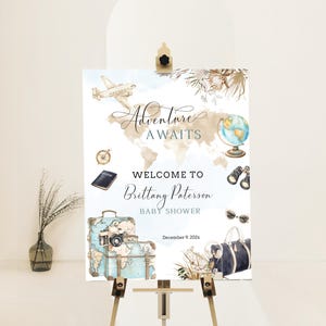 Adventure awaits baby shower welcome sign template, travel themed decoration, world map poster, gender neutral baby shower welcome sign P291
