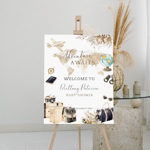 Adventure awaits baby shower welcome sign template, baby shower welcome sign, gender neutral, travel themed decoration world map poster P291