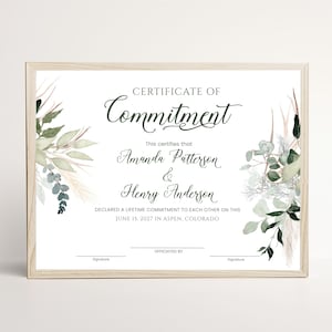 May include: A Certificate of Commitment document in a light wood frame. The text reads Certificate of Commitment, Amanda Patterson & Henry Anderson, declared a lifetime commitment on June 15, 2027 in Aspen, Colorado. Decorated with green foliage.
