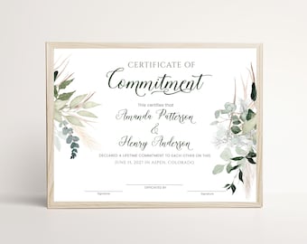 Editable Certificate of Commitment Template, Sage Green Eucalyptus and Boho Pampas Grass Keepsake Certificate P365