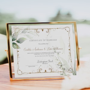 Green gold marriage certificate template, editable certificate of marriage, printable wedding gift certificate, commitment vow renewal