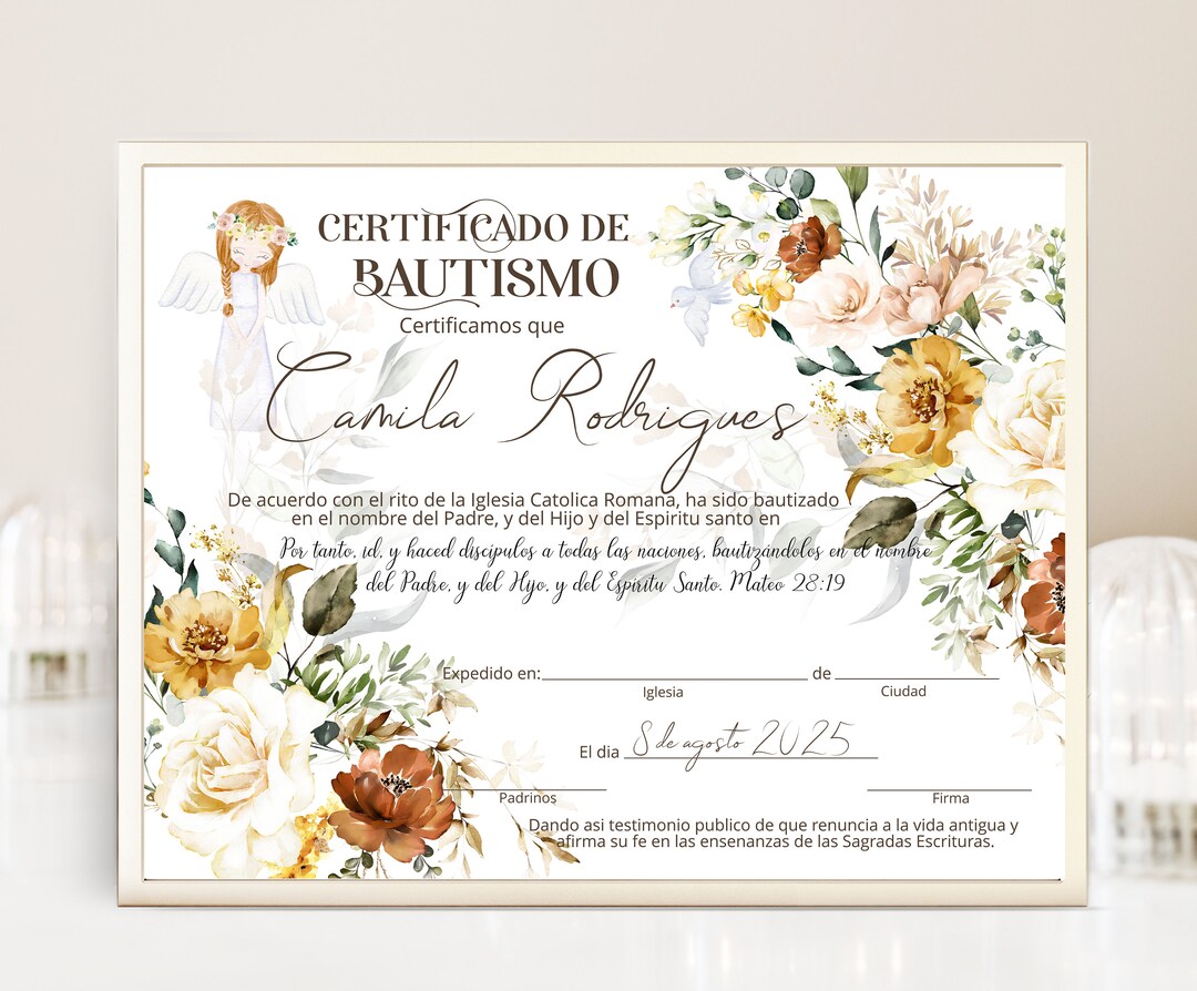 Certificado De Bautismo Boho Baptism Certificate Spanish, Editable