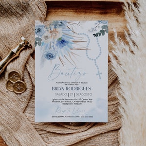 Invitaciones de bautizo digitales, spanish baptism invitation, mi bautizo invitation, pampas grasses bautizo, editable religious invite P65
