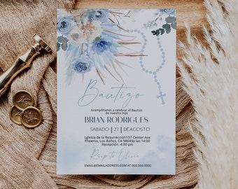 Invitaciones de bautizo digitales, spanish baptism invitation, mi bautizo invitation, pampas grasses bautizo, editable religious invite P65