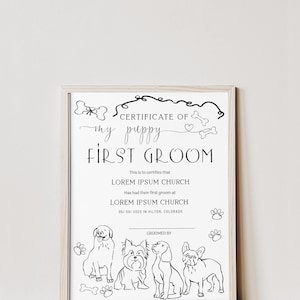 Editable my first grooming certificate, dog grooming certificate template, puppy haircut, hand drawn, dog salon forms, dog business, P305