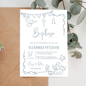 Angel baptism invitation template, editable boy christening invitation, hand drawn, whimsical invite, printable blue baptism invite, P299