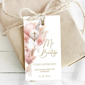 Mi bautizo thank you tags template, pink pampas baptism tag, spanish baptism favor tag, printable favor tag, editable baptism favor tag P233
