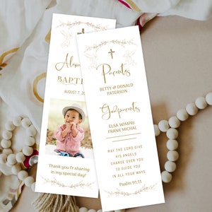 Elegant gold baptism bookmark with photo, baptism bookmark favor template, bookmark keepsake baptism, printable cross christening favors B6