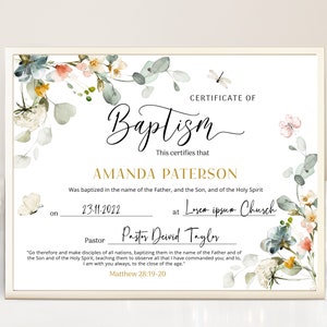 Floral baptism certificate template, custom certificate of baptism printable, christening certificate, baby baptism gift flower B011