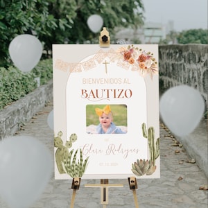 Spanish baptism welcome sign template, pink floral baptism poster, bienvenidos al bautizo, editable christening sign, first communion, P198