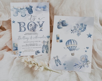 Blue boho baby shower invitation, baby boy invitation template, boho clothes invite, blue watercolour editable its a boy invitation P130