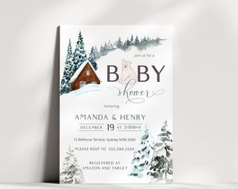 Winter Wonderland Baby Shower Invitation Template, Cozy Cabin Bear Holiday Invite, Digital Co-ed Baby Its Cold Outside Card P72