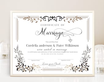 May include: A white certificate with a brown ornate border and floral designs. The text reads "Certificate of Marriage" and includes the names "Cordelia anderson & Pater Wilkinson" and the date "05/09/2024".