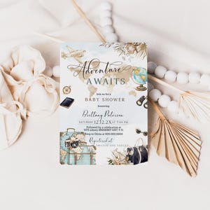 Travel baby shower invitation template, adventure awaits baby shower invite, editable baby shower invite, world map, gender neutral, P291