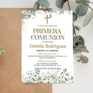 First holy communion invitation in spanish template, primera comunion invite, greenery holy communion, invitación a la primera comunión P319