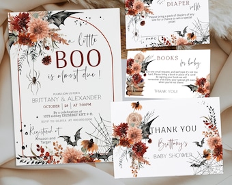Halloween baby shower invitation bundle, gender neutral Invitation set template, a little boo is due invite halloween invitation set P149