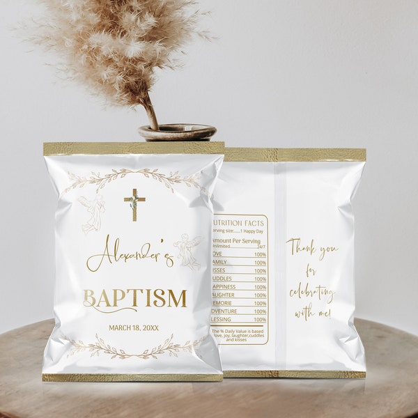 Gold baptism chip bag template, editable elegant baptism christening chip bag wrapper, baptism boy girl favors christening favors gold B6