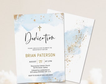 Blue gold dedication Invitation template, dedication invite, boy dedication, gold christening invite, boy baptism invite, baptismal B2b