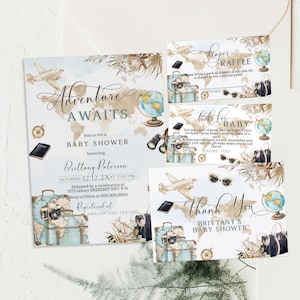 Adventure awaits baby shower invitation set template, world map baby shower, gender neutral, editable baby shower invite, travel theme, P291