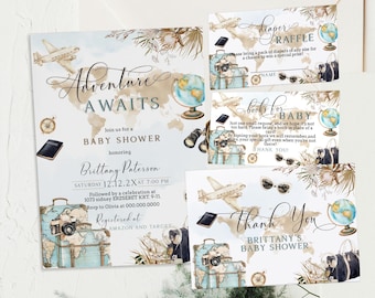 Adventure awaits baby shower invitation set template, world map baby shower, gender neutral, editable baby shower invite, travel theme, P291