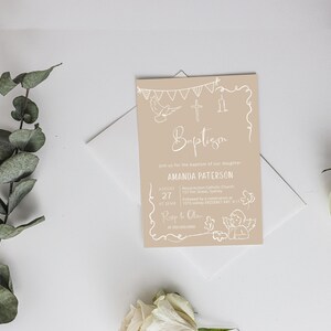 Minimalist baptism invite, angel baptism invitation template, editable christening invite, hand drawn whimtical invite, gender neutral, P299