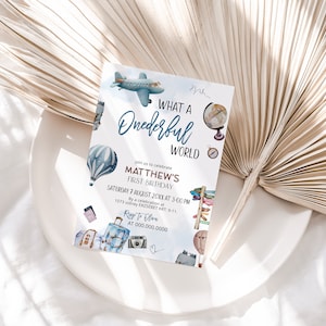 Onderful world boys first birthday Invitation template, 1st birthday adventure invitation, travel invite, editable 1st birthday invite, P163