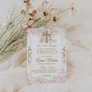 Mi bautizo invitation, invitaciones de bautizo digitales, spanish baptism invitation, pampas grasses bautizo, editable religious invite P223