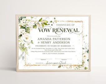 Editable Vow Renewal Certificate Template, Wedding Anniversary Keepsake Printable, Elegant White Floral and Gold Foil Marriage Renewal, P14