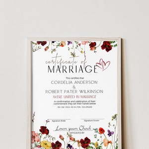Burgundy floral marriage certificate template, printable wildflower certificate marriage keepsake, editable wedding keepsake certificate P25