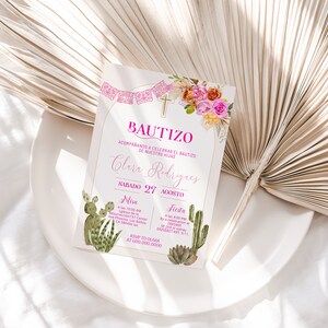 Invitaciones de bautizo digitales, pink pampas baptism invitation, mi bautizo, spanish baptism, kaktus, editable religious invite, P242