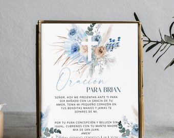 Baptism prayer sign in Spanish template, blue floral prayer sign, oración bautizo niño, mi bautizo sign, editable christening sign, P65
