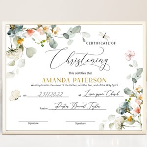 Editable christening certificate, baptism holy spirit certificate, water baptism certificate template, floral baptism certificate child B011