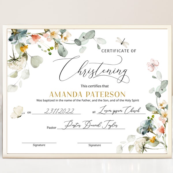 Editable christening certificate, baptism holy spirit certificate, water baptism certificate template, floral baptism certificate child B011